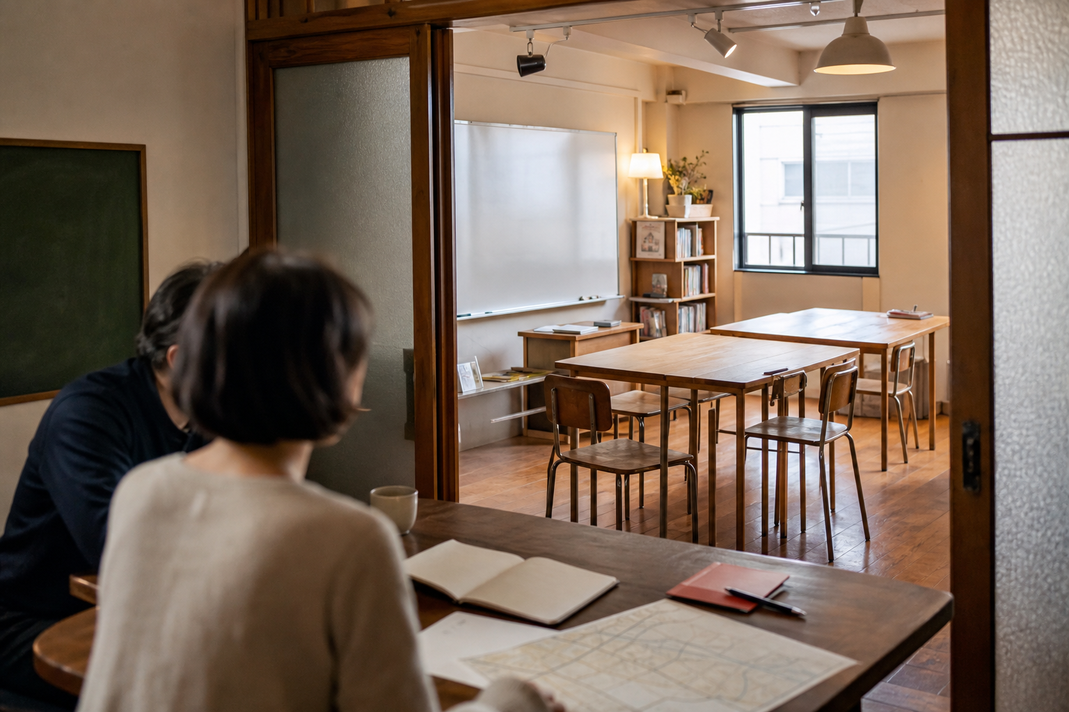 學習者在日語教室裡與老師進行見學諮詢